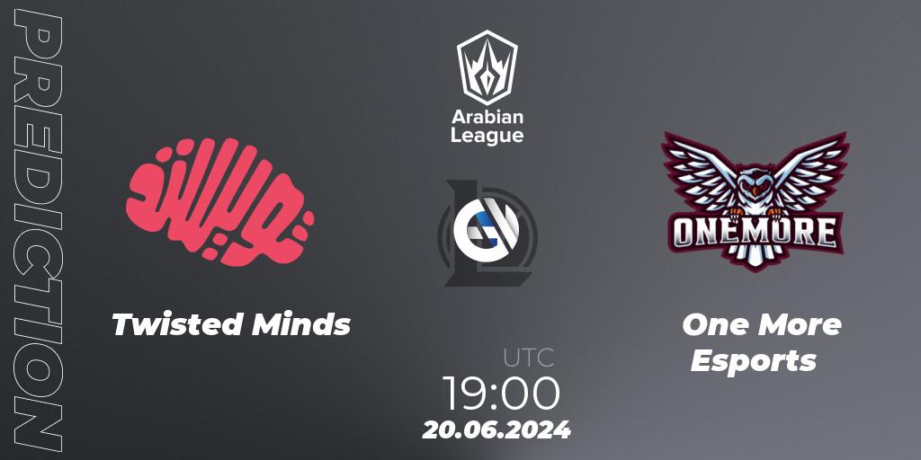 Twisted Minds contre One More Esports : prédiction de match. 20.06.2024 at 19:00. LoL, Arabian League Summer 2024