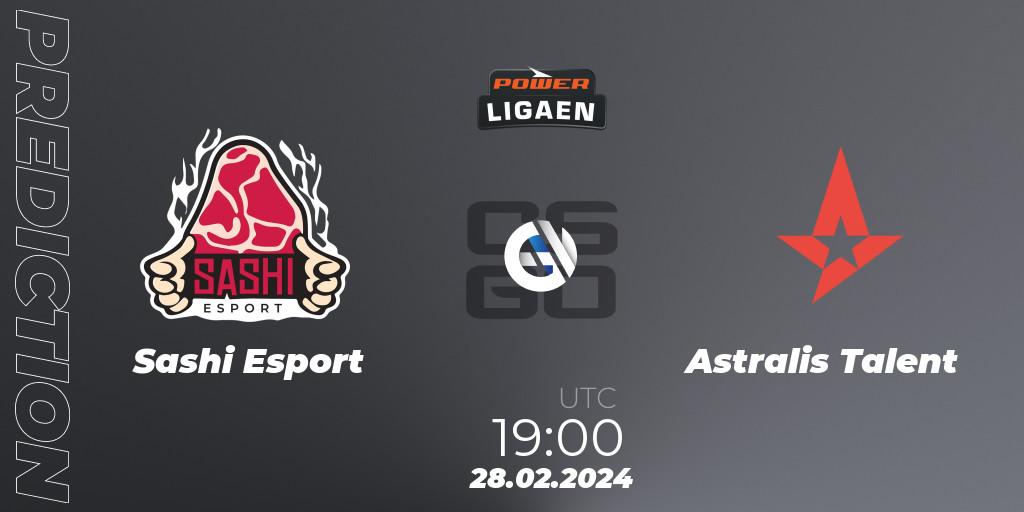 Sashi Esport contre Astralis Talent : prédiction de match. 28.02.2024 at 19:00. Counter-Strike (CS2), Dust2.dk Ligaen Season 25