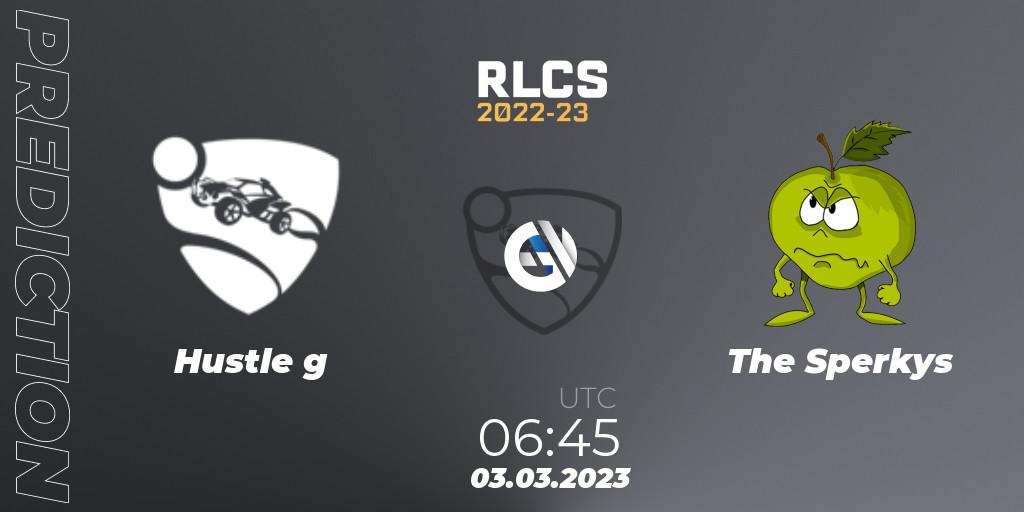 Hustle g contre The Sperkys : prédiction de match. 03.03.2023 at 06:45. Rocket League, RLCS 2022-23 - Winter: Oceania Regional 3 - Winter Invitational