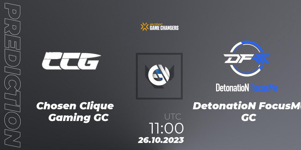 Chosen Clique Gaming GC contre DetonatioN FocusMe GC : prédiction de match. 26.10.2023 at 11:00. VALORANT, VCT 2023: Game Changers East Asia