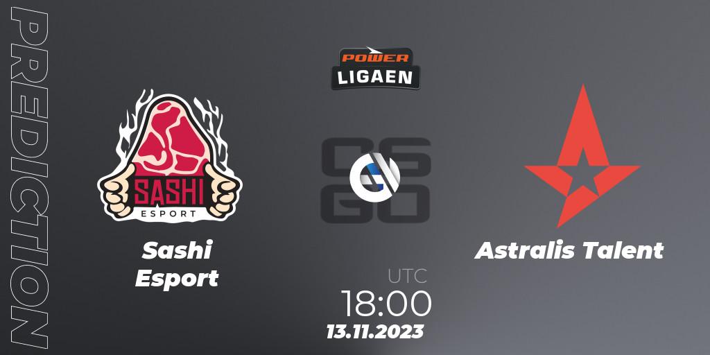  Sashi Esport contre Astralis Talent : prédiction de match. 13.11.2023 at 18:00. Counter-Strike (CS2), Dust2.dk Ligaen Season 24: Regular Season