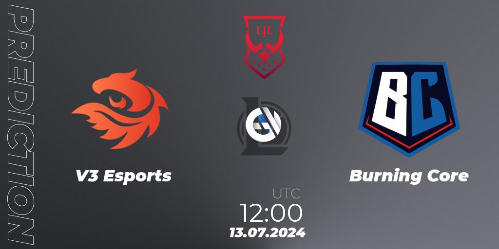 V3 Esports contre Burning Core : prédiction de match. 13.07.2024 at 12:00. LoL, LJL Summer 2024