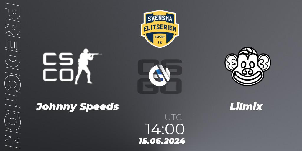 Johnny Speeds contre Lilmix : prédiction de match. 15.06.2024 at 14:10. Counter-Strike (CS2), Svenska Elitserien Spring 2024