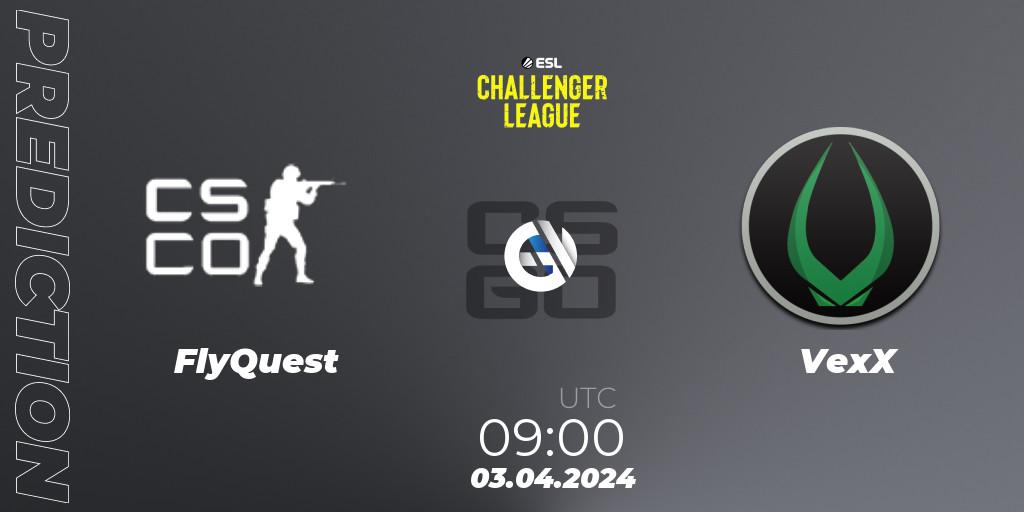 FlyQuest contre VexX : prédiction de match. 03.04.2024 at 09:00. Counter-Strike (CS2), ESL Challenger League Season 47: Oceania