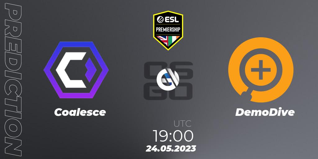 Coalesce contre DemoDive : prédiction de match. 24.05.2023 at 19:00. Counter-Strike (CS2), ESL Premiership Spring 2023