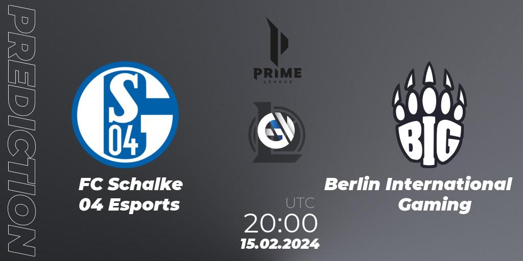 FC Schalke 04 Esports contre Berlin International Gaming : prédiction de match. 17.01.2024 at 18:00. LoL, Prime League Spring 2024 - Group Stage