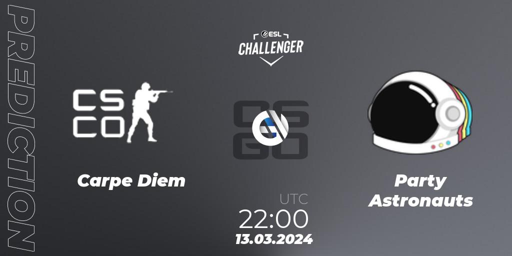 Carpe Diem contre Party Astronauts : prédiction de match. 13.03.2024 at 22:10. Counter-Strike (CS2), ESL Challenger #57: North American Open Qualifier