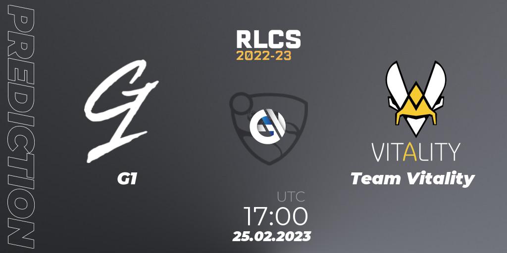 G1 contre Team Vitality : prédiction de match. 25.02.2023 at 17:00. Rocket League, RLCS 2022-23 - Winter: Europe Regional 3 - Winter Invitational