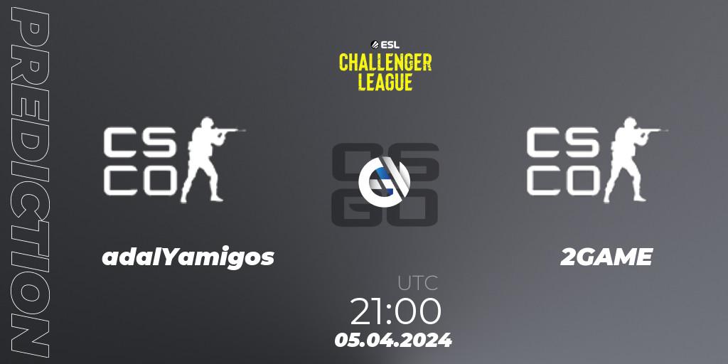 adalYamigos contre 2GAME : prédiction de match. 05.04.2024 at 21:00. Counter-Strike (CS2), ESL Challenger League Season 47: South America