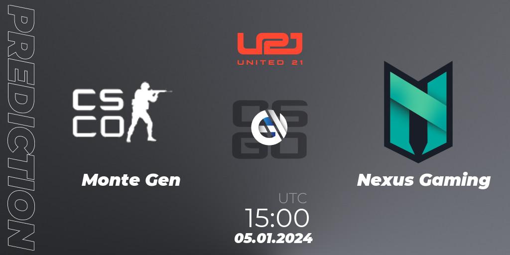 Monte Gen contre Nexus Gaming : prédiction de match. 05.01.2024 at 15:00. Counter-Strike (CS2), United21 Season 10
