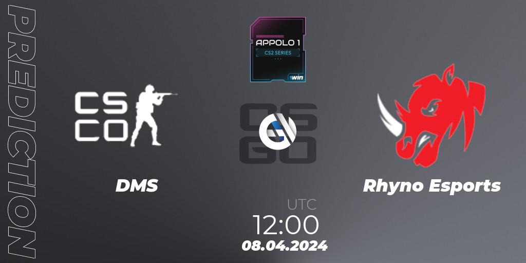 DMS contre Rhyno Esports : prédiction de match. 08.04.2024 at 12:00. Counter-Strike (CS2), Appolo1 Series: Phase 1
