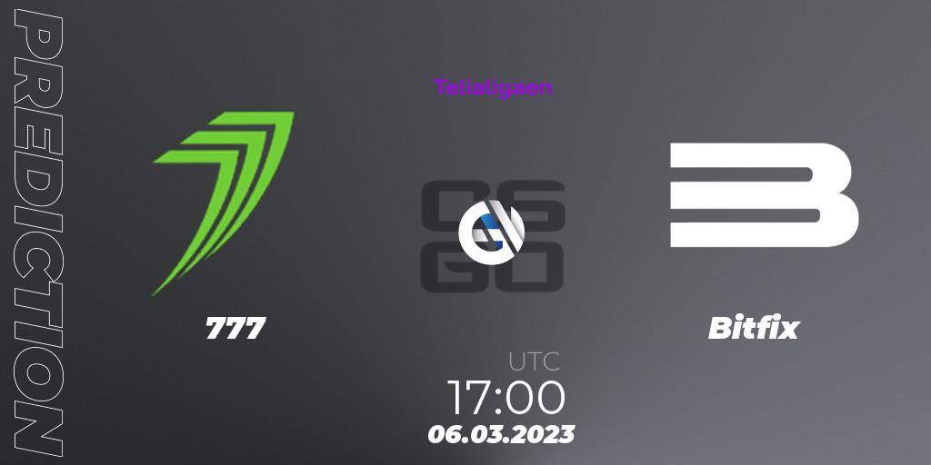 777 contre Bitfix : prédiction de match. 06.03.2023 at 17:00. Counter-Strike (CS2), Telialigaen Spring 2023: Group stage