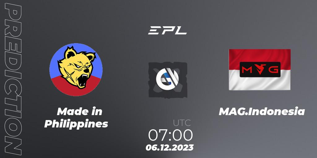 Made in Philippines contre MAG.Indonesia : prédiction de match. 06.12.2023 at 07:00. Dota 2, EPL World Series: Southeast Asia Season 1