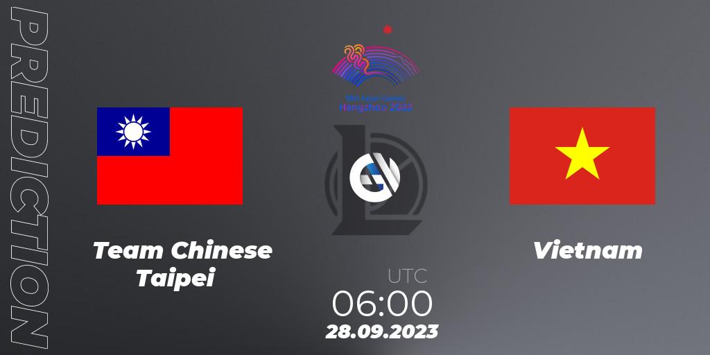 Team Chinese Taipei contre Vietnam : prédiction de match. 28.09.2023 at 06:00. LoL, 2022 Asian Games