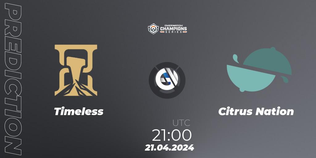 Timeless contre Citrus Nation : prédiction de match. 21.04.2024 at 21:00. Overwatch, Overwatch Champions Series 2024 - North America Stage 2 Group Stage