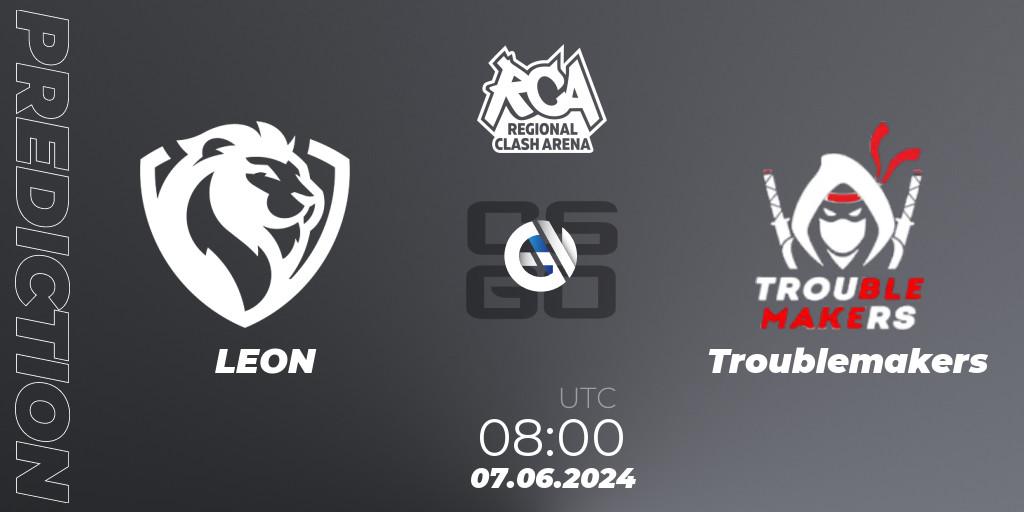 LEON contre Troublemakers : prédiction de match. 07.06.2024 at 08:00. Counter-Strike (CS2), Regional Clash Arena CIS
