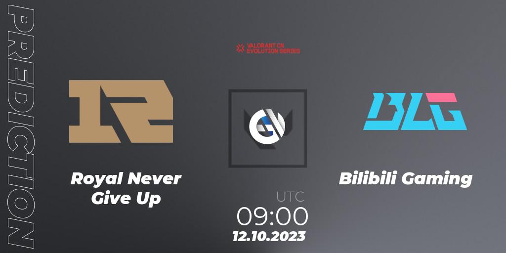 Royal Never Give Up contre Bilibili Gaming : prédiction de match. 12.10.2023 at 09:00. VALORANT, VALORANT China Evolution Series Act 2: Selection - Play-In