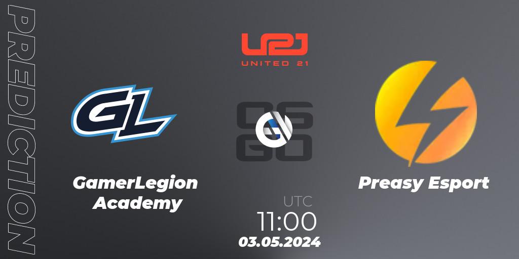 GamerLegion Academy contre Preasy Esport : prédiction de match. 03.05.2024 at 11:00. Counter-Strike (CS2), United21 Season 15