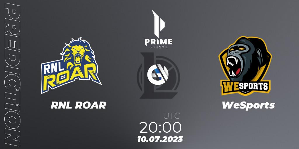 RNL ROAR contre WeSports : prédiction de match. 10.07.2023 at 20:00. LoL, Prime League 2nd Division Summer 2023