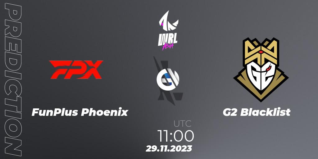 FunPlus Phoenix contre G2 Blacklist : prédiction de match. 29.11.2023 at 11:00. Wild Rift, WRL Asia 2023 - Season 2 - Regular Season