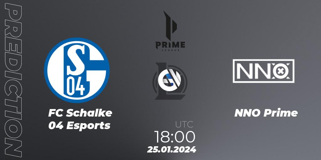 FC Schalke 04 Esports contre NNO Prime : prédiction de match. 25.01.2024 at 18:00. LoL, Prime League Spring 2024 - Group Stage