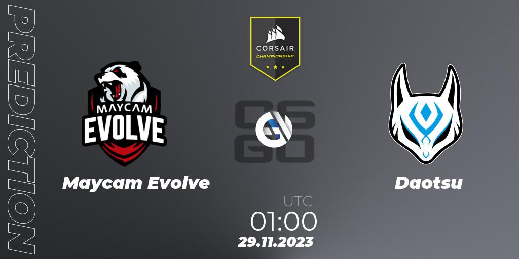 Maycam Evolve contre Daotsu : prédiction de match. 29.11.2023 at 01:00. Counter-Strike (CS2), Corsair Championship 2023