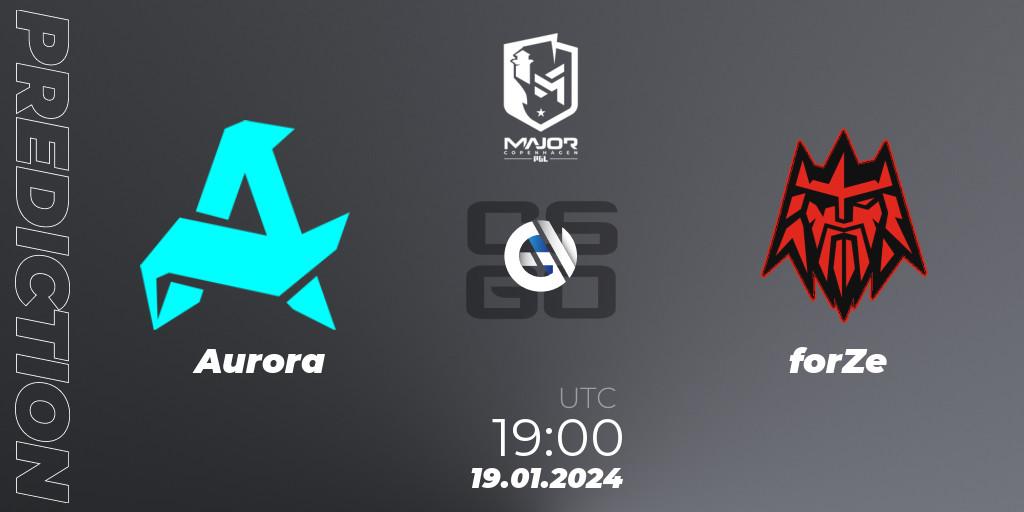 Aurora contre forZe : prédiction de match. 19.01.2024 at 19:00. Counter-Strike (CS2), PGL CS2 Major Copenhagen 2024: European Qualifier B