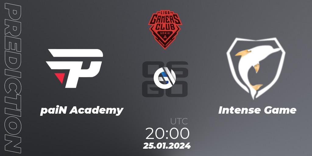paiN Academy contre Intense Game : prédiction de match. 24.01.2024 at 20:00. Counter-Strike (CS2), Gamers Club Liga Série A: January 2024