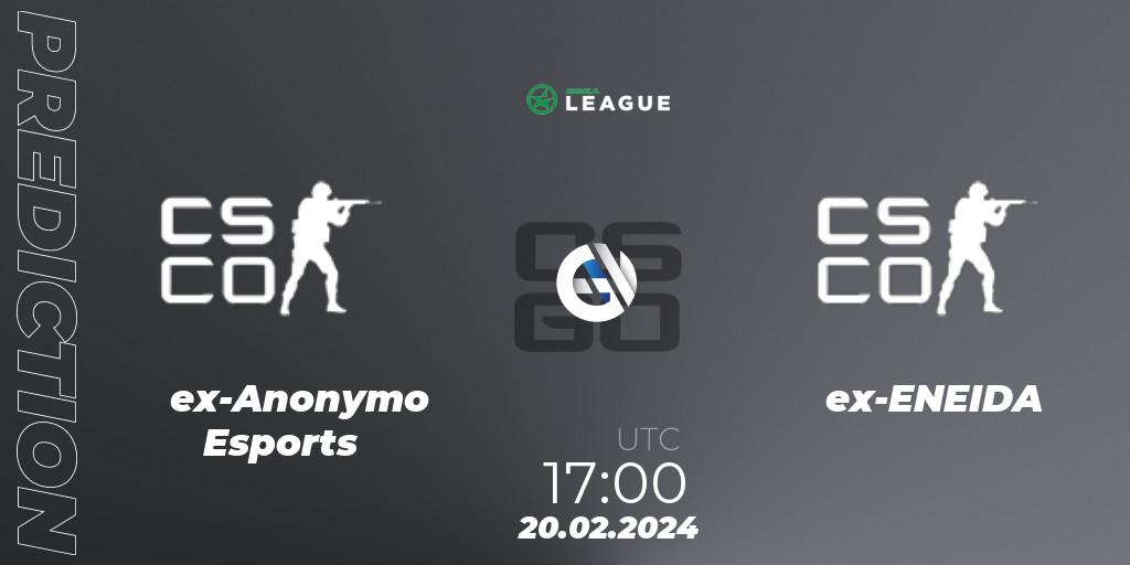 ex-Anonymo Esports contre ex-ENEIDA : prédiction de match. 20.02.2024 at 17:00. Counter-Strike (CS2), ESEA Season 48: Advanced Division - Europe