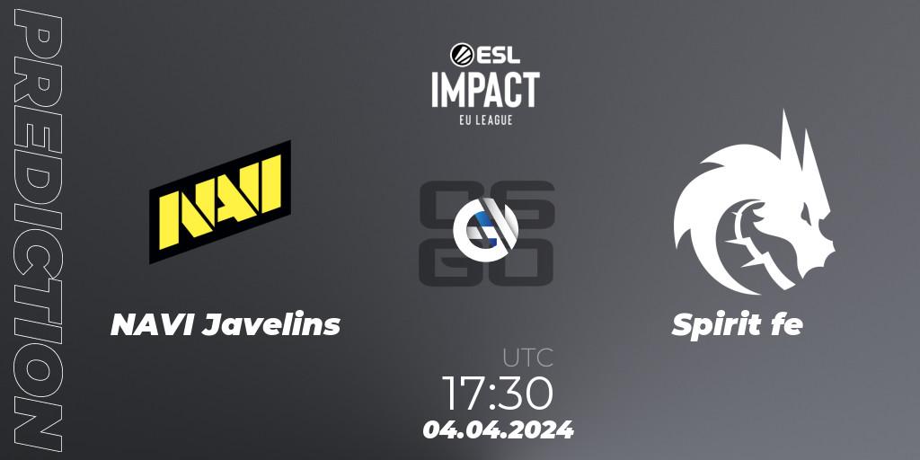 NAVI Javelins contre Spirit fe : prédiction de match. 04.04.2024 at 17:30. Counter-Strike (CS2), ESL Impact League Season 5: Europe