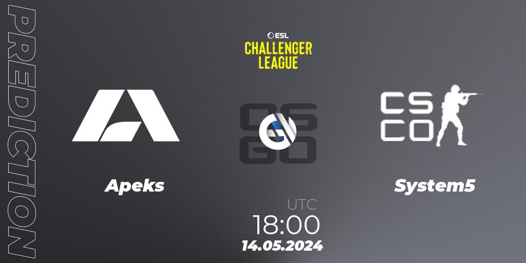 Apeks contre System5 : prédiction de match. 14.05.2024 at 18:00. Counter-Strike (CS2), ESL Challenger League Season 47: Europe