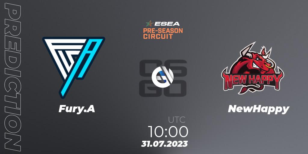 Fury.A contre NewHappy : prédiction de match. 31.07.2023 at 10:00. Counter-Strike (CS2), ESEA Pre-Season Circuit 2023: Asian Final