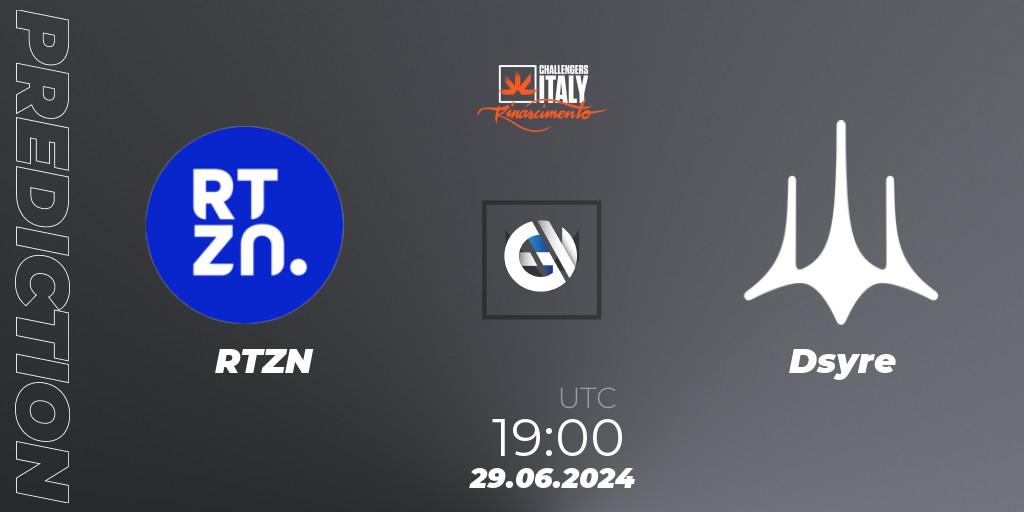 RTZN contre Dsyre : prédiction de match. 29.06.2024 at 19:00. VALORANT, VALORANT Challengers 2024 Italy: Rinascimento Split 2