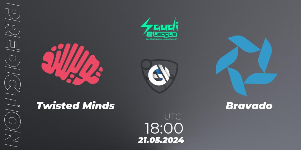 Twisted Minds contre Bravado : prédiction de match. 21.05.2024 at 18:00. Rocket League, Saudi eLeague 2024 - Major 2: Online Major Phase 1