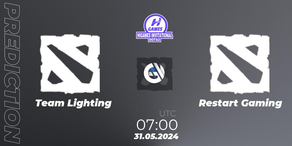 Team Lighting contre Restart Gaming : prédiction de match. 31.05.2024 at 06:00. Dota 2, HiGames Invitational