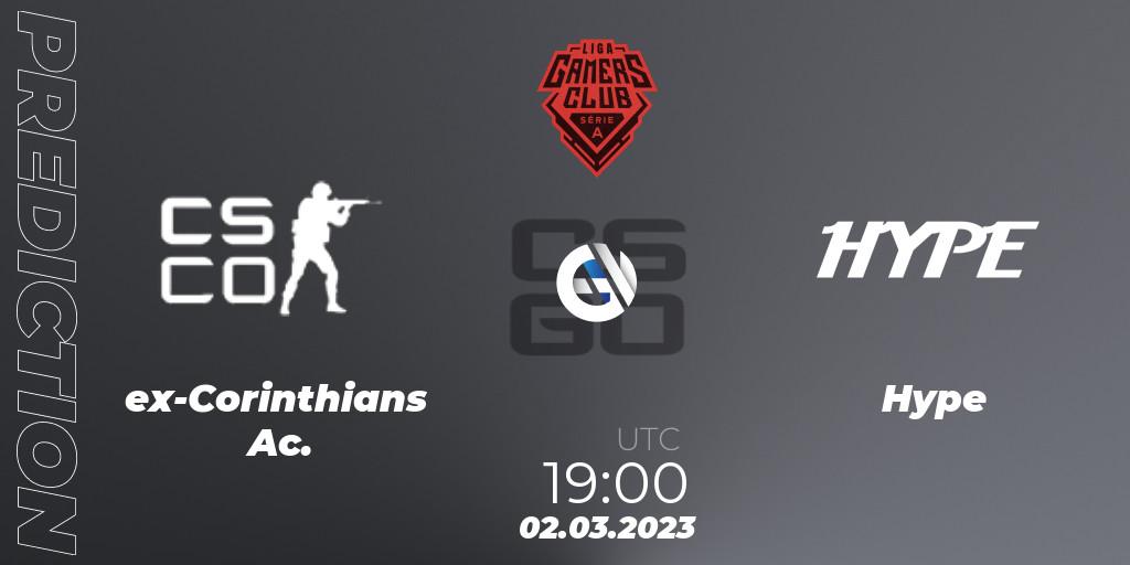 ex-Corinthians Ac. contre Hype : prédiction de match. 02.03.2023 at 19:00. Counter-Strike (CS2), Gamers Club Liga Série A: February 2023