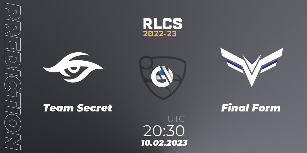 Team Secret contre Final Form : prédiction de match. 10.02.2023 at 20:30. Rocket League, RLCS 2022-23 - Winter: South America Regional 2 - Winter Cup