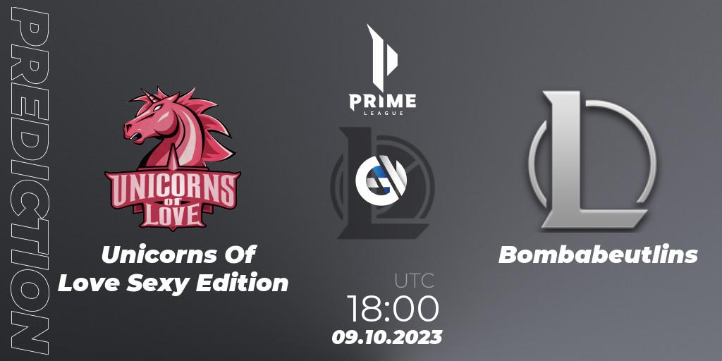 Unicorns Of Love Sexy Edition contre Bombabeutlins : prédiction de match. 09.10.2023 at 18:00. LoL, Prime League Pokal 2023