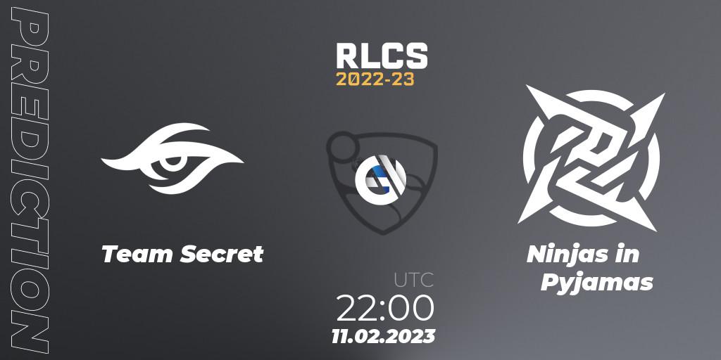 Team Secret contre Ninjas in Pyjamas : prédiction de match. 11.02.2023 at 21:35. Rocket League, RLCS 2022-23 - Winter: South America Regional 2 - Winter Cup