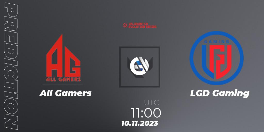 All Gamers contre LGD Gaming : prédiction de match. 10.11.2023 at 12:00. VALORANT, VALORANT China Evolution Series Act 3: Heritability - Play-In