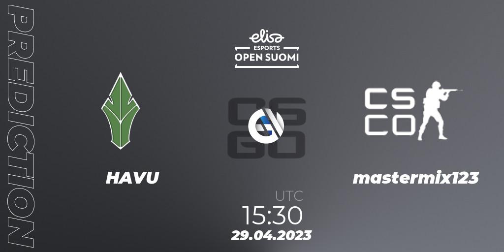 HAVU contre mastermix123 : prédiction de match. 29.04.2023 at 15:30. Counter-Strike (CS2), Elisa Open Suomi Season 5