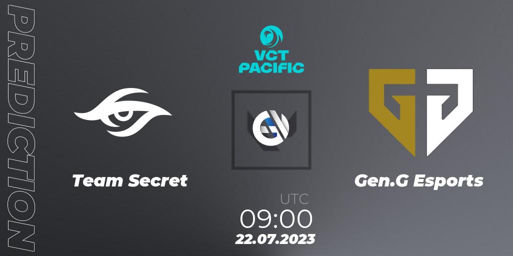 Team Secret contre Gen.G Esports : prédiction de match. 22.07.2023 at 08:00. VALORANT, VALORANT Champions Tour 2023: Pacific Last Chance Qualifier