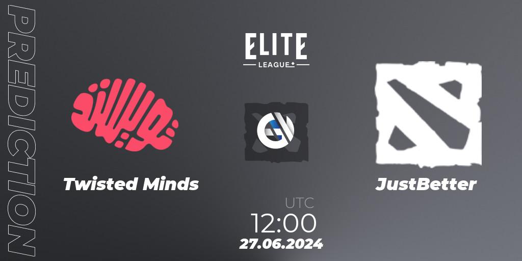 Twisted Minds contre JustBetter : prédiction de match. 27.06.2024 at 12:00. Dota 2, Elite League Season 2: Western Europe Closed Qualifier