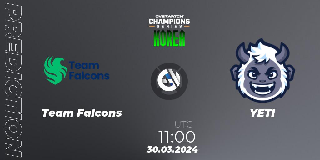 Team Falcons contre YETI : prédiction de match. 30.03.2024 at 11:00. Overwatch, Overwatch Champions Series 2024 - Stage 1 Korea