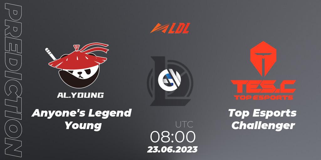 Anyone's Legend Young contre Top Esports Challenger : prédiction de match. 23.06.2023 at 09:00. LoL, LDL 2023 - Regular Season - Stage 3