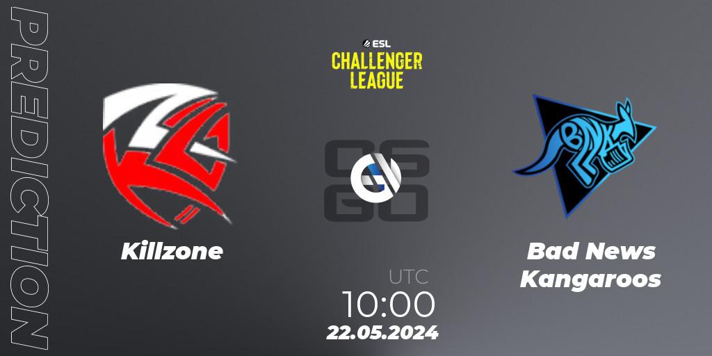 Killzone contre Bad News Kangaroos : prédiction de match. 22.05.2024 at 10:00. Counter-Strike (CS2), ESL Challenger League Season 47: Oceania