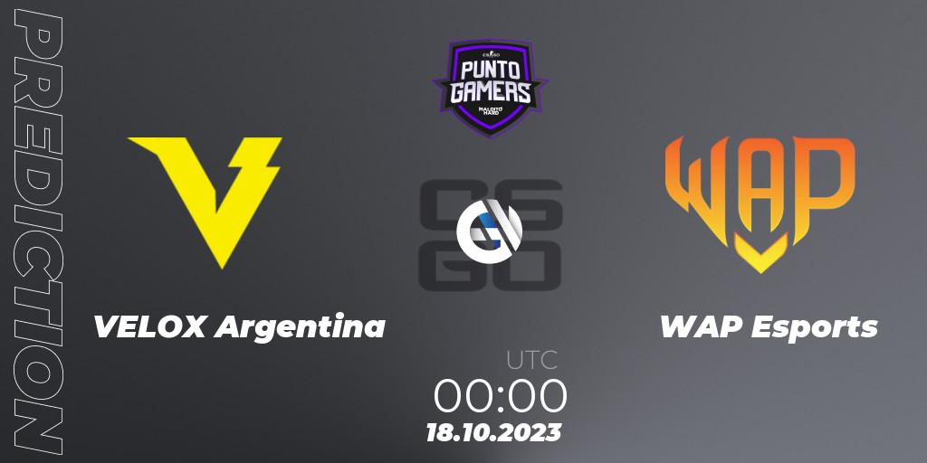 VELOX Argentina contre WAP Esports : prédiction de match. 18.10.2023 at 00:00. Counter-Strike (CS2), Punto Gamers Cup 2023