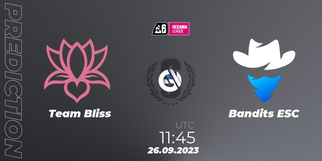 Team Bliss contre Bandits ESC : prédiction de match. 26.09.2023 at 11:45. Rainbow Six, Oceania League 2023 - Stage 2