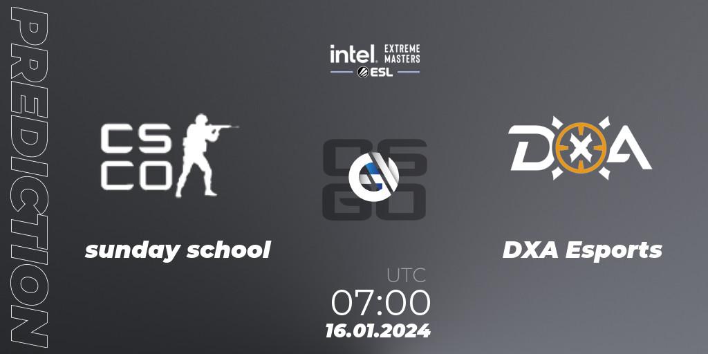 sunday school contre DXA Esports : prédiction de match. 16.01.2024 at 07:40. Counter-Strike (CS2), Intel Extreme Masters China 2024: Oceanic Open Qualifier #1