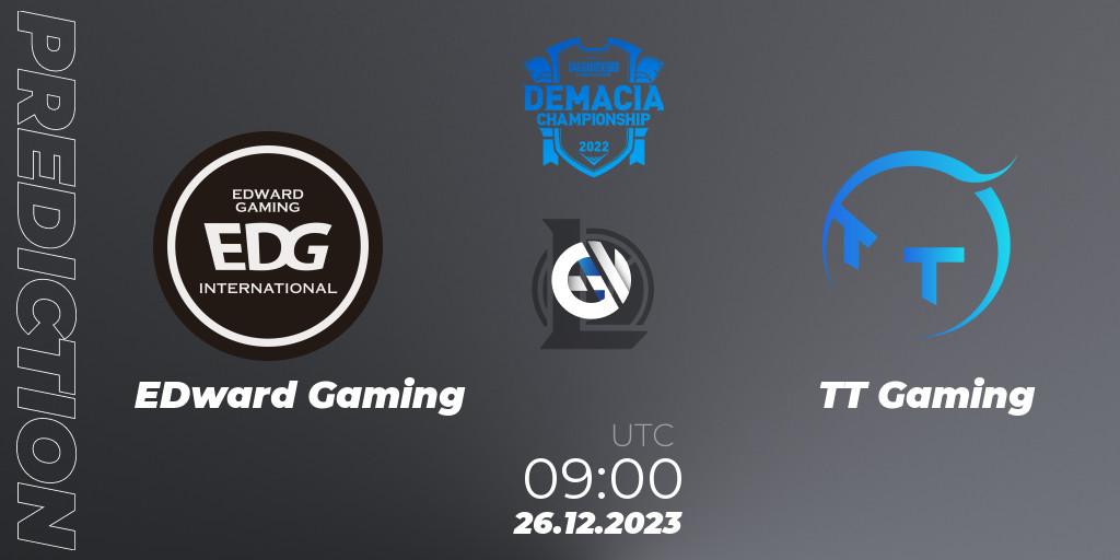 EDward Gaming contre TT Gaming : prédiction de match. 26.12.2023 at 09:00. LoL, Demacia Cup 2023 Group Stage